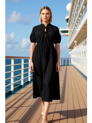 Benerly Kadın Yaka Balon Kol Truvakar Kol Maxi Dokuma Elbise Fonksiyonel Spor