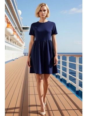 Benerly Kadın Bisiklet Yaka Kısa Kol Düz Mini Skater Kalıp Elbise Fonksiyonel Dayanıklı %100 Pamuk