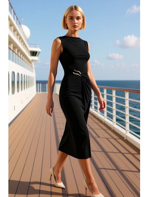 Benerly Kadın Kayık Yaka Kolsuz Midi Örme Elbise Bodycone Kalıp Aksesuar Detaylı Fonksiyonel Rahat