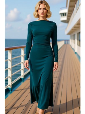 Benerly Kadın Kayık Yaka Uzun Kol Büzgü Detaylı Midi Örme Elbise Kaliteli