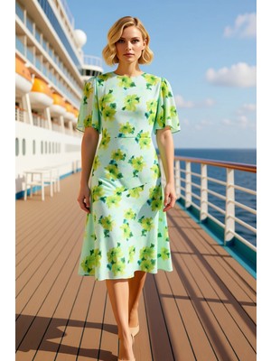 Benerly Kadın Bisiklet Yaka Kısa Kol A Kesim Midi Elbise Dokuma Çiçekli Fonksiyonel