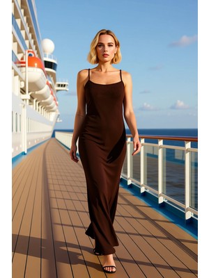 Benerly Kadın Maxi Vücuda Oturan Ince Askılı Havuz Yaka Esnek Örme Elbise Fonksiyonel Dayanıklı Şık