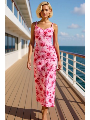 Benerly Kadın V Yaka Kolsuz Örme Çiçek Baskılı Vücuda Oturan Maxi Elbise Şık