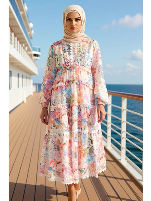 Benerly Kadın Bisiklet Yaka Standart Kol Bodycon Kalıp Şifon Dokuma Maxi Elbise Fonksiyonel Modern