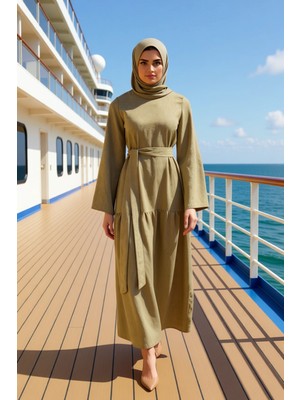 Benerly Kadın Bisiklet Yaka Ispanyol Kol A Line Kalıp Görünümlü Dokuma Maxi Elbise Dayanıklı