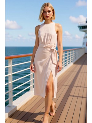 Benerly Kadın Bisiklet Yaka Kolsuz A Line Midi Dokuma Elbise Bağlama Detaylı Modern