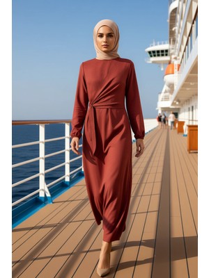 Benerly Kadın Bisiklet Yaka Standart Kol A Line Kalıp Dokuma Elbise Uzun Kollu Fonksiyonel Estetik