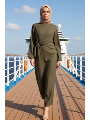 Benerly Kadın Bisiklet Yaka Standart Kol A Line Kalıp Dokuma Elbise Uzun Kollu Fonksiyonel Estetik