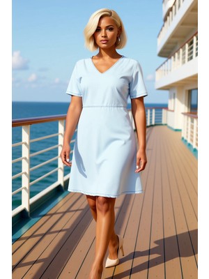 Benerly Kadın V Yaka Kısa Kollu A Kesim Mini Denim Elbise Fonksiyonel Modern