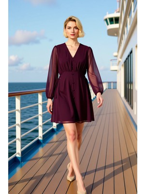 Benerly Kadın V Yaka Standart Kol Şifon Dokuma Skater Kalıp Elbise Uzun Kollu Fonksiyonel Kaliteli