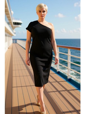 Benerly Kadın Büyük Beden Asimetrik Yaka Tek Kol Midi Elbise Fonksiyonel Dayanıklı Spor %100 Pamuk