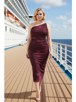 Benerly Kadın Tek Kol Asimetrik Yaka Vücuda Oturan Esnek Örme Tül Elbise Büyük Beden Fonksiyonel Şık