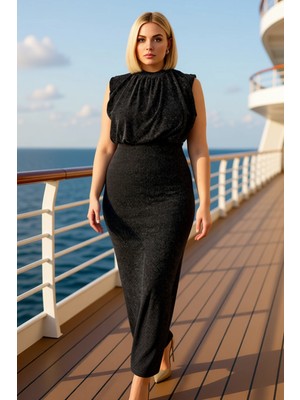 Benerly Kadın Büyük Beden Dik Yaka Kolsuz Tül Örme Bodycon Kalıp Maxi Elbise Fonksiyonel Dayanıklı