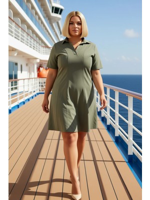 Benerly Kadın Büyük Beden Gömlek Yaka Standart Kol Düz Desen Gabardin Dokuma Mini Elbise Dayanıklı