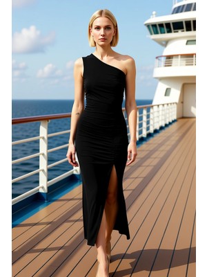 Benerly Kadın Tek Kol Asimetrik Yaka Maxi Örme Elbise Yırtmaçlı Kalıp Bodycon Fonksiyonel Kaliteli