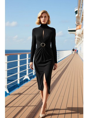 Benerly Kadın Dik Yaka Uzun Kol Standart Kol Bodycon Kalıp Örme Midi Elbise Fonksiyonel Dayanıklı Şık