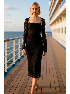 Benerly Kadın Kare Yaka Uzun Kol Bodycon Kalıp Dantel Midi Elbise Estetik