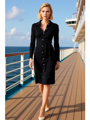 Benerly Kadın Gömlek Yaka Uzun Kol Bodycon Fitilli Düğmeli Midi Örme Elbise