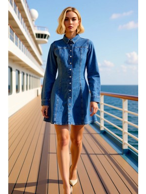 Benerly Kadın Gömlek Yaka Uzun Kol Düz Desen Mini Elbise Fonksiyonel Dayanıklı Kaliteli %100 Pamuk