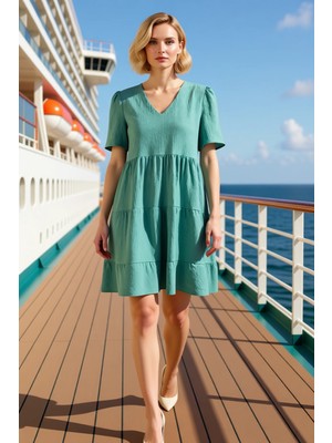 Benerly Kadın V Yaka Kısa Kol Düz Kesim Mini Dokuma Elbise Fonksiyonel Dayanıklı Şık