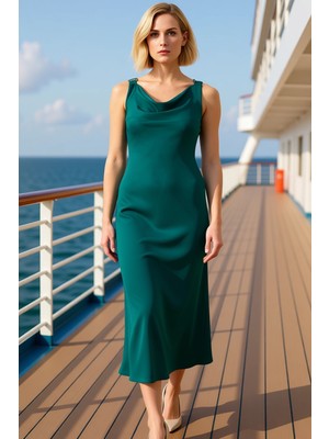 Benerly Kadın Degaje Yaka Kolsuz Saten Midi Elbise Fonksiyonel Dayanıklı Kaliteli Konforlu Estetik