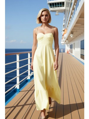 Benerly Kadın Ince Askılı Kalp Yaka A Kesim Dokuma Maxi Elbise Fonksiyonel