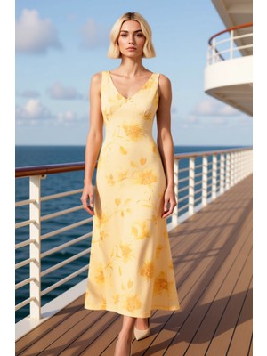 Benerly Kadın V Yaka Standart Kol Bodycon Kalıp Maxi Tül Elbise Fiyonk Detaylı Fonksiyonel Estetik