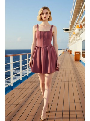 Benerly Kadın Kare Yaka Kolsuz Skater Kalıp Mini Örme Elbise Şık