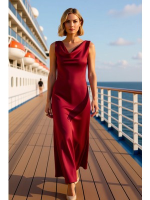 Benerly Kadın Degaje Yaka Kolsuz A Kesim Saten Maxi Elbise Dokuma Kumaş Fonksiyonel