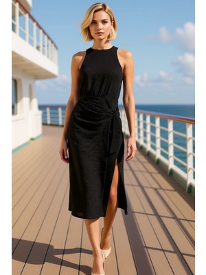 Benerly Kadın Bisiklet Yaka Kolsuz A Line Midi Dokuma Elbise Bağlama Detaylı Modern