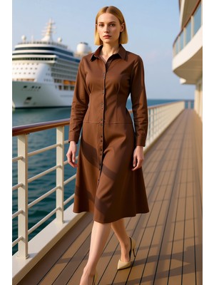 Benerly Kadın Gömlek Yaka Uzun Kol Düz Desen Midi Gömlek Elbise Fonksiyonel