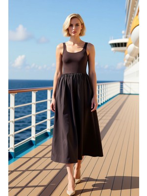 Benerly Kadın Kare Yaka Kalın Askılı Kolsuz Skater Kalıp Maxi Dokuma Elbise