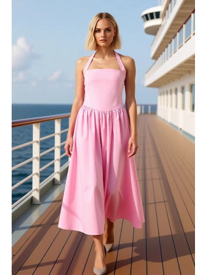 Benerly Kadın Boyundan Bağlamalı Kalın Askılı Skater Kalıp Maxi Elbise Fonksiyonel Spor %100 Pamuk