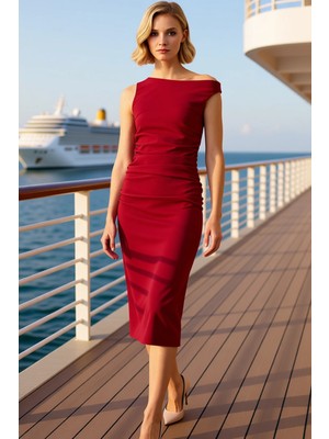 Benerly Kadın Asimetrik Yaka Kolsuz Vücudu Saran Bodycon Kalıp Midi Dokuma Elbise Fonksiyonel Spor