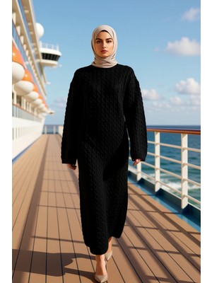 Benerly Kadın Bisiklet Yaka Düşük Kol Uzun Kollu Triko Elbise Shift Kalıp Saç Örgü Desenli Maxi Boy