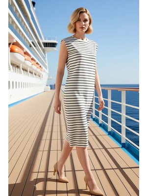 Benerly Kadın Bisiklet Yaka Kolsuz Vatkalı Midi Örme Çizgili Elbise Fonksiyonel Estetik %100 Pamuk