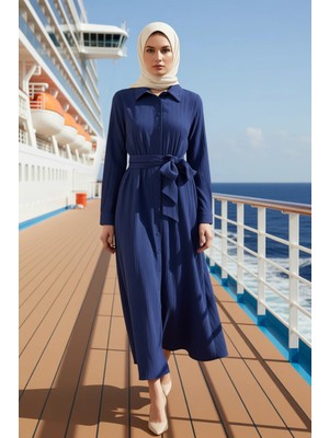 Benerly Kadın Gömlek Elbise Gömlek Yaka Standart Kol Düz Desen Kuşaklı Maxi Boy Fonksiyonel Modern