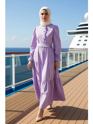 Benerly Kadın Yaka Standart Kol Düz Dokuma Elbise Uzun Kollu Maxi Kalıp Fonksiyonel Kaliteli