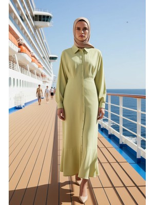 Benerly Kadın Gömlek Elbise Gömlek Yaka Yarasa Kol Düz Desenli Maxi Boy Dokuma Kumaş Fonksiyonel Şık