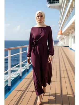 Benerly Kadın Bisiklet Yaka Standart Kol A Line Kalıp Dokuma Elbise Uzun Kollu Fonksiyonel Estetik