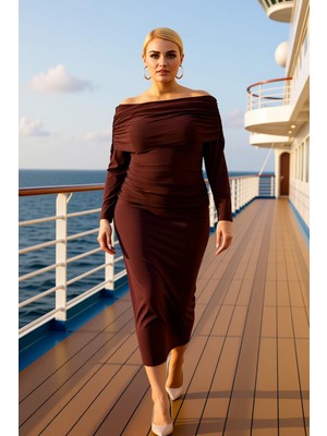 Benerly Kadın Carmen Yaka Düşük Kol Maxi Örme Elbise Fonksiyonel Kaliteli