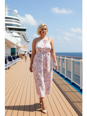 Benerly Kadın Büyük Beden Halter Yaka Ince Askılı Çiçekli Midi Boy Dokuma Elbise Fonksiyonel Rahat