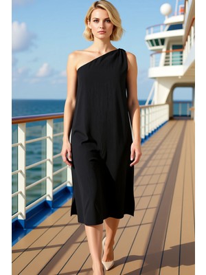 Benerly Kadın Büyük Beden Asimetrik Yaka Tek Kol Maxi Dokuma Elbise Fonksiyonel Dayanıklı Kaliteli