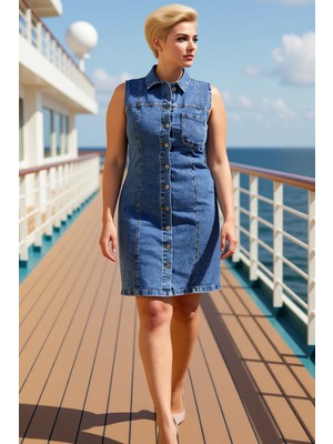 Benerly Kadın Büyük Beden Gömlek Yaka Kolsuz Düz Denim Elbise Fonksiyonel Şık