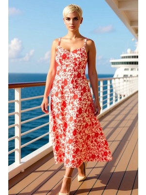 Benerly Kadın Büyük Beden V Yaka Kolsuz Dokuma Çiçekli Midi Elbise Fonksiyonel Dayanıklı Kaliteli Şık