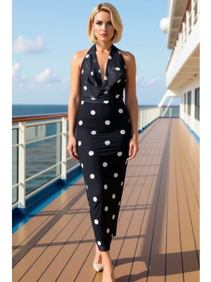 Benerly Kadın Degaje Yaka Kolsuz Puantiyeli Bodycon Kalıp Midi Elbise Fonksiyonel Şık