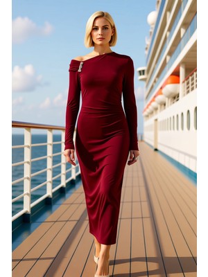 Benerly Kadın Asimetrik Yaka Uzun Kol Düz Desenli Bodycon Kalıp Örme Elbise Fonksiyonel Dayanıklı Şık