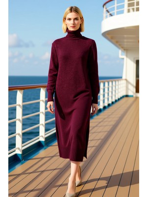 Benerly Kadın Balıkçı Yaka Uzun Kol Düz Desen Geniş Kalıp Triko Midi Elbise Fonksiyonel Dayanıklı Şık