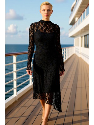 Benerly Kadın Dik Yaka Uzun Kol Asimetrik Kalıp Maxi Örme Elbise Dayanıklı