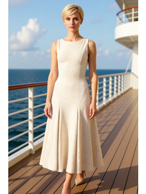 Benerly Kadın Maxi Elbise Dik Yaka Kolsuz Skater Kalıp Selanik Dokuma Fonksiyonel Dayanıklı Modern